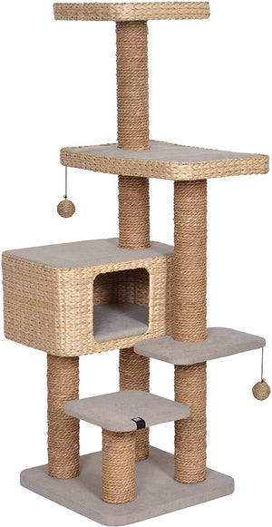 Ebi palawan krabpaal - houten krabpaal met waterhyacint - huisje speelballetjes - 140cm - bruin