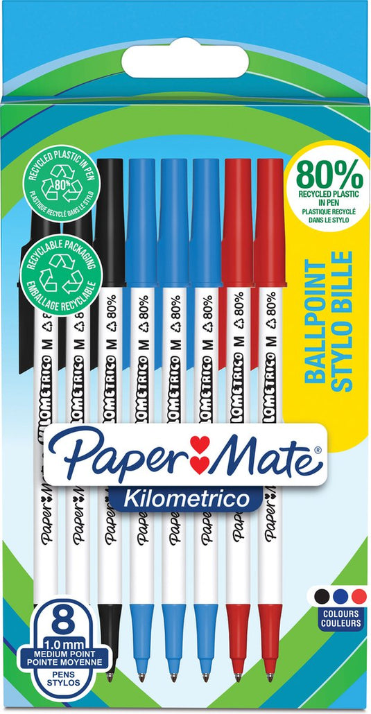 Paper mate kilometrico-balpennen | lange schrijfduur met mediumpunt (1,0mm) | zwarte, blauwe rode inkt | 80% gerecycled plastic | 8 stuks