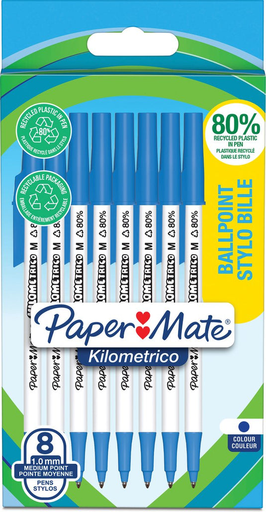 Paper mate kilometrico-balpennen | lange schrijfduur met mediumpunt (1,0mm) | blauwe inkt | 80% gerecycled plastic | 8 stuks