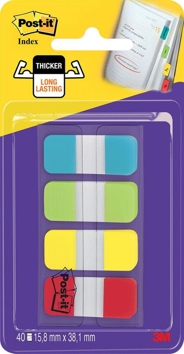 Post-it index strong, ft 15,8 x 38,1 mm, blister met 4 kleuren, 10 tabs per kleur