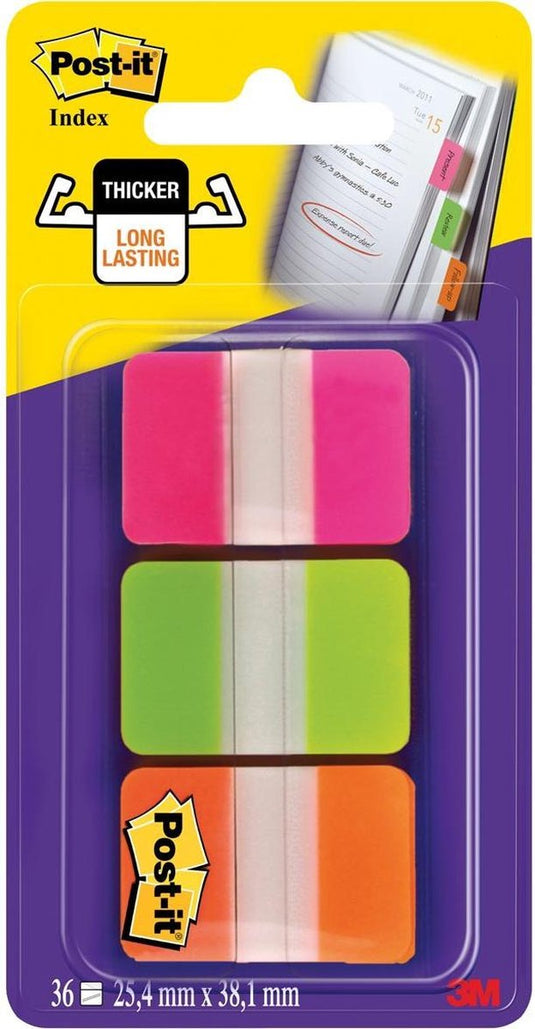 Post-it index strong, , ft 25,4 x 38 mm, blister met 3 kleuren (roze, groen en oranje), 12 tabs per kleur