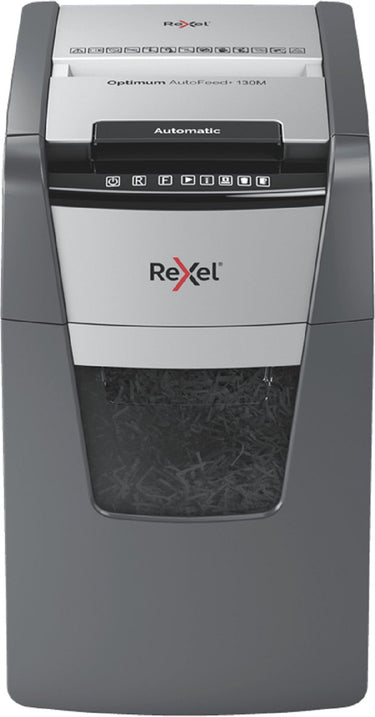 Rexel optimum auto+130m fluisterstille papierversnipperaar - p5 microsnippers - automatische invoer tot 130 vel - 44l - zwart