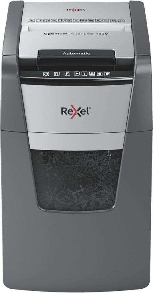 Rexel optimum auto+130m fluisterstille papierversnipperaar - p5 microsnippers - automatische invoer tot 130 vel - 44l - zwart