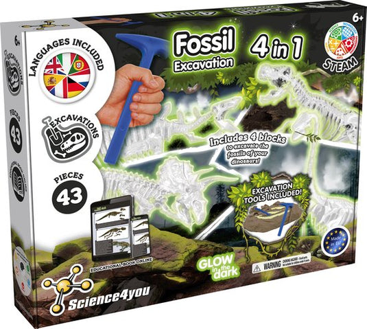 Oku science 4 you fossielen uithakken 4 in 1 set glow in the dark