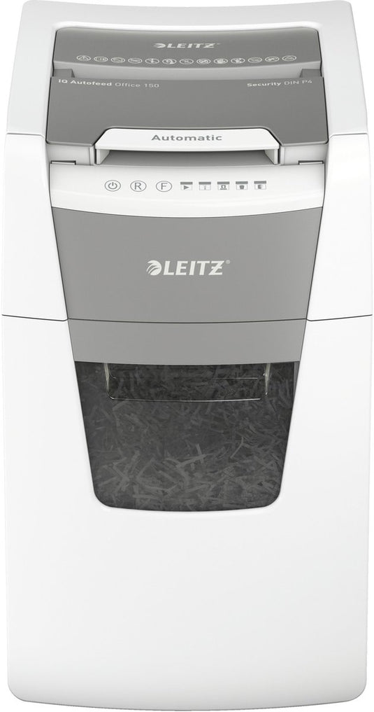 Leitz iq autofeed+ office 150 stille papierversnipperaar - p4 snippers - tot 150 vel - 44l - wit