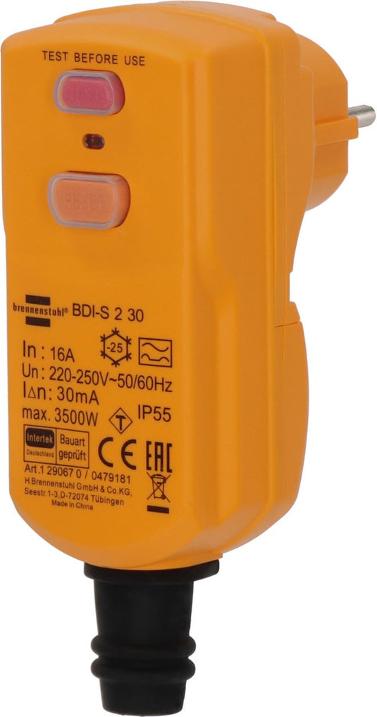 Brennenstuhl veiligheidsstekker bdi-s 2 30 ip55 (veiligheidsstekker met aardlekschakelaar voor buiten, tweepolige uitschakeling)