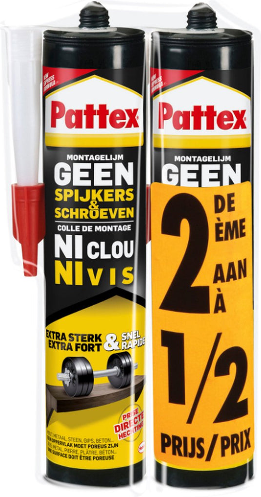 Pattex geen spijkers schroeven 2 x 400 gr +50% | montagekit geschikt voor binnen | voor alle materialen | extreem sterk | ideaal als universele montagekit