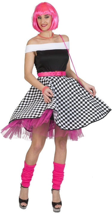 Espa funny fashion - rock roll kostuum - rockn roll rok zwart witte blokjes vrouw - roze - one size - carnavalskleding - verkleedkleding