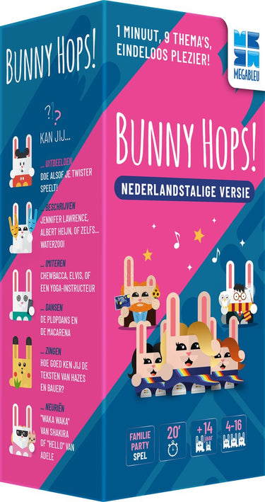 Megableu bunny hops - het ultieme actievolle partyspel - voor jongeren en volwassenen - vanaf 14 jaar - 4-16 spelers - beschrijven, zingen en uitbeelden
