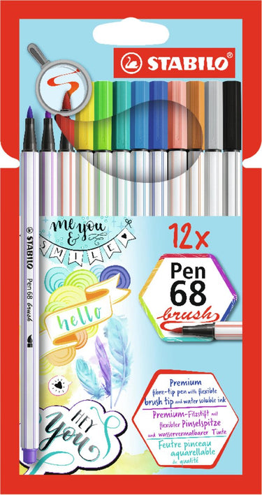 Stabilo pen 68 - premium brush viltstift - met flexibele penseelpunt - etui met 12 verschillende kleuren