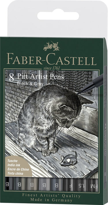 Faber-castell tekenstift - fineliners - pitt artist pen - zwart + grijs - 8-delig etui lijnbreedte fm, 1.5, f, 5x b - fc-167171