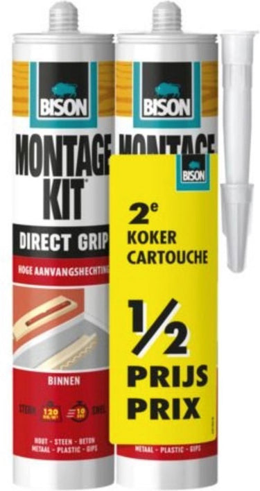 Bison montagekit direct grip koker 2x 370 g, duo verpakking, 2e koker halve prijs, extra sterk, hoge aanvangshechting, montagelijm, bevestigen, hoge eindsterkte, binnen en buiten, eenvoudig in gebruik
