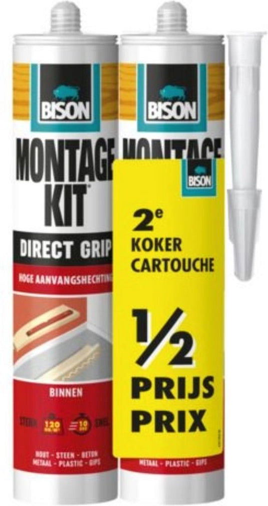 Bison montagekit direct grip koker 2x 370 g, duo verpakking, 2e koker halve prijs, extra sterk, hoge aanvangshechting, montagelijm, bevestigen, hoge eindsterkte, binnen en buiten, eenvoudig in gebruik