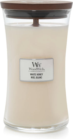 Woodwick hourglass large geurkaars - white honey - 130 branduren