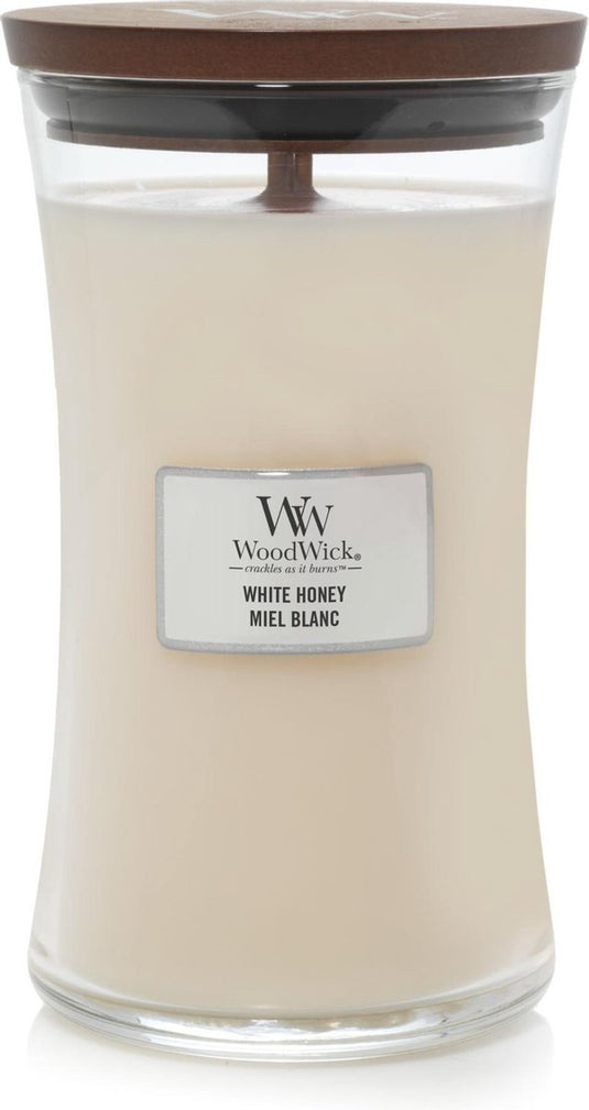 Woodwick hourglass large geurkaars - white honey - 130 branduren