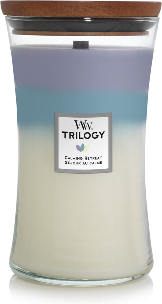 Woodwick hourglass trilogy large geurkaars - calming retreat - 130 branduren