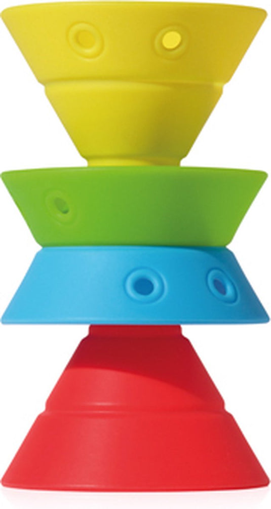 Moluk hix - tropische kleuren, 4 omvormbare bouwkegels in elastische siliconen rubber, in doos 8.2x8.2x14.3cm, 2+