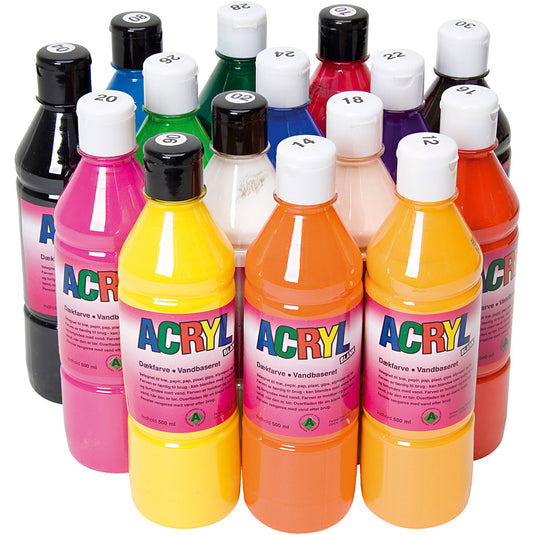 Acryl verf, diverse kleuren, 15x500 ml 1 doos
