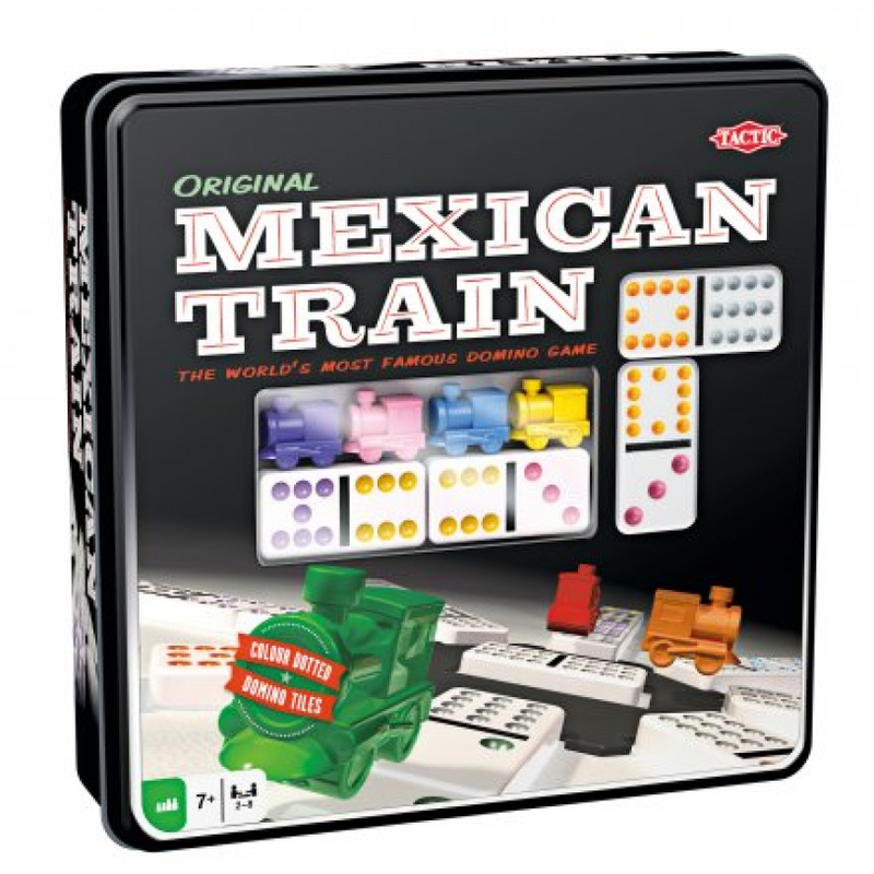 Load image into Gallery viewer, Tactic domino mexican train – bordspel – luxe tin – wereldberoemd dominospel met gekleurde stenen – 2 tot 8 spelers – vanaf 7 jaar

