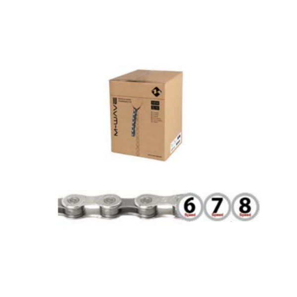 M-Wave chain 6/7/8 speed 1/2x3/32, silver/grey. 15m on a roll, incl 10 connecting links