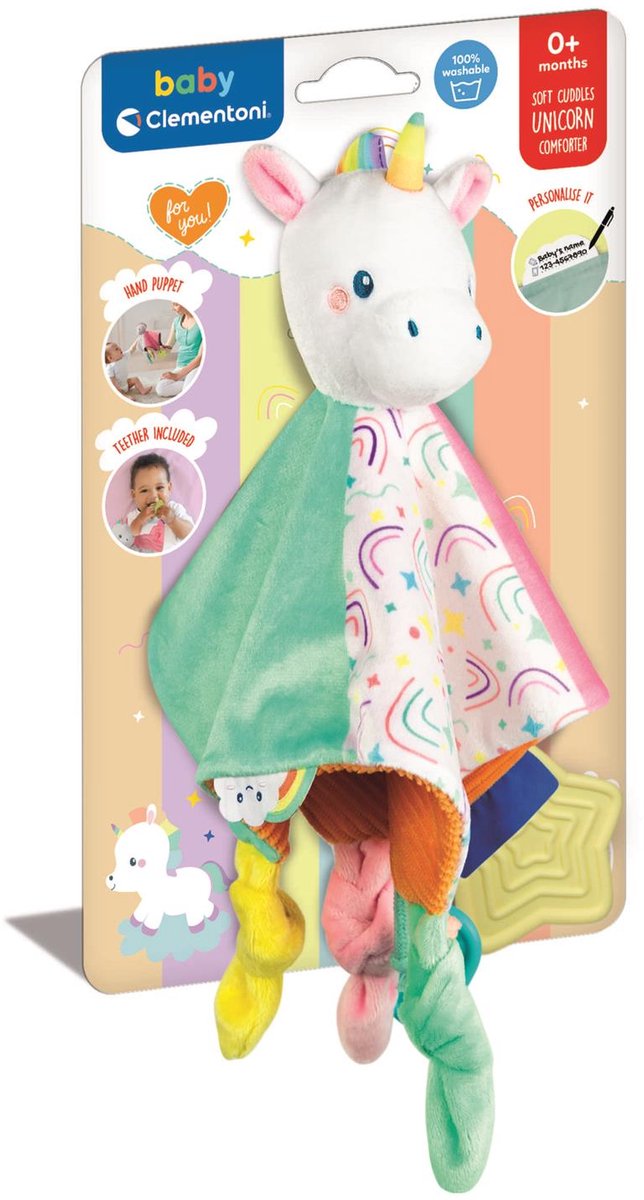 Load image into Gallery viewer, Clementoni knuffeldoekje eenhoorn soft cuddles - knuffeldoek met voeldetails - zacht kraamcadeau jongen of meisje - baby comforter vanaf 0 maanden

