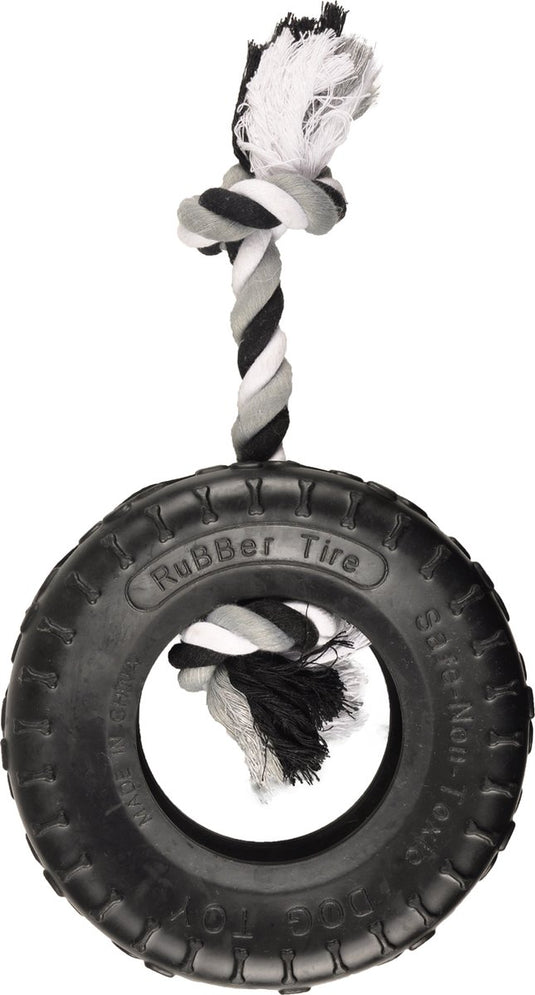 Flamingo hondenspeelgoed – gladiator band touw zwart 35cm – kauwspeeltje met flostouw en knopen – sterk rubber speelgoed voor honden