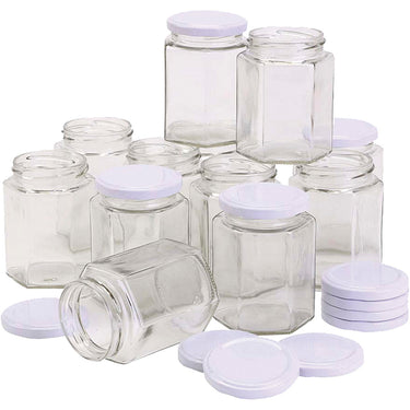 Http: www.cchobby.nl zeshoekige-glazen-pot-h-8-cm-d-7-cm-180-ml-12-stuk-1-doos
