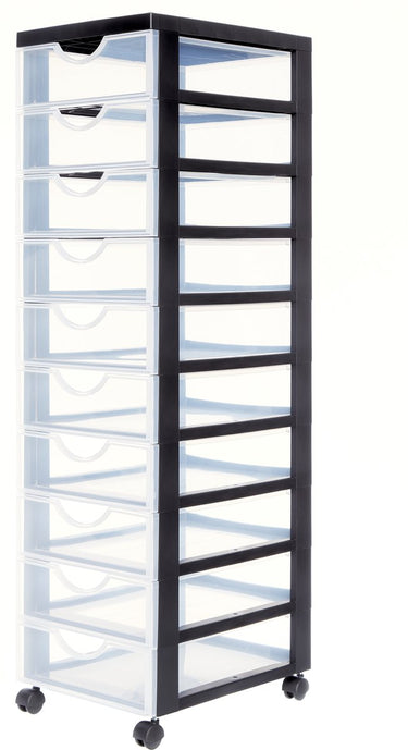 Iris easygrip chest ladekast - 10 lades x 7,5l - kunststof - zwart transparant - met wieltjes