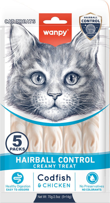 Wanpy - likbare snack met functie - kabeljauw kip - haarbal controle - 5 x 5 sticks van 14 gram