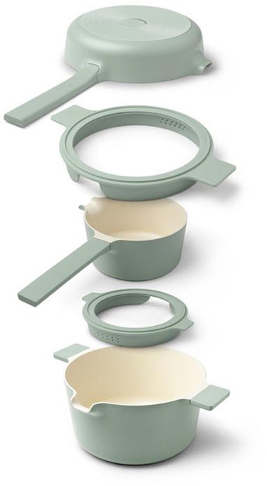 Brabantia compact stapelbare 5-delige pannenset camping - ruimtebesparende 5-in-1 kookpannenset - pfas-vrij - geschikt voor inductie - ovenbestendig - trendy kleur jade green