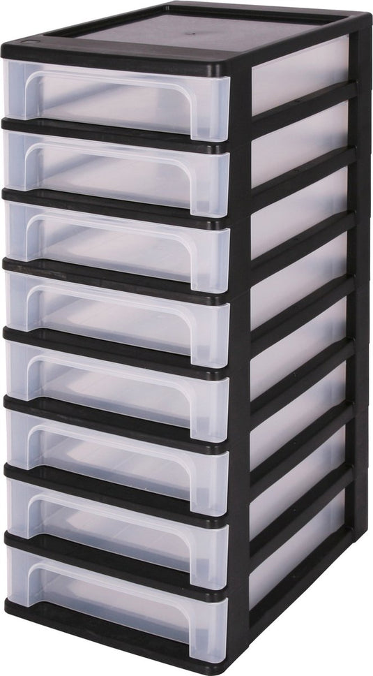 Iris organizer chest ladesysteem a4 - 8 kleine lades - 8 x 4l - kunststof - zwart transparant