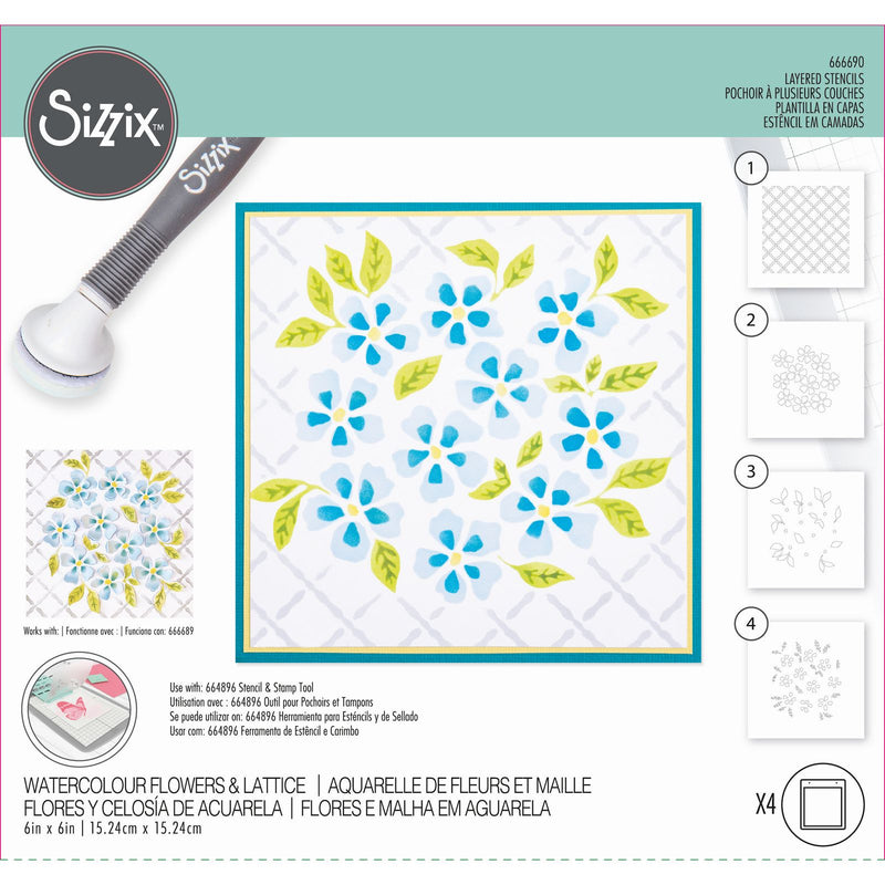 Load image into Gallery viewer, Sizzix • layered stencil watercolour flowers lattice 4pcs
