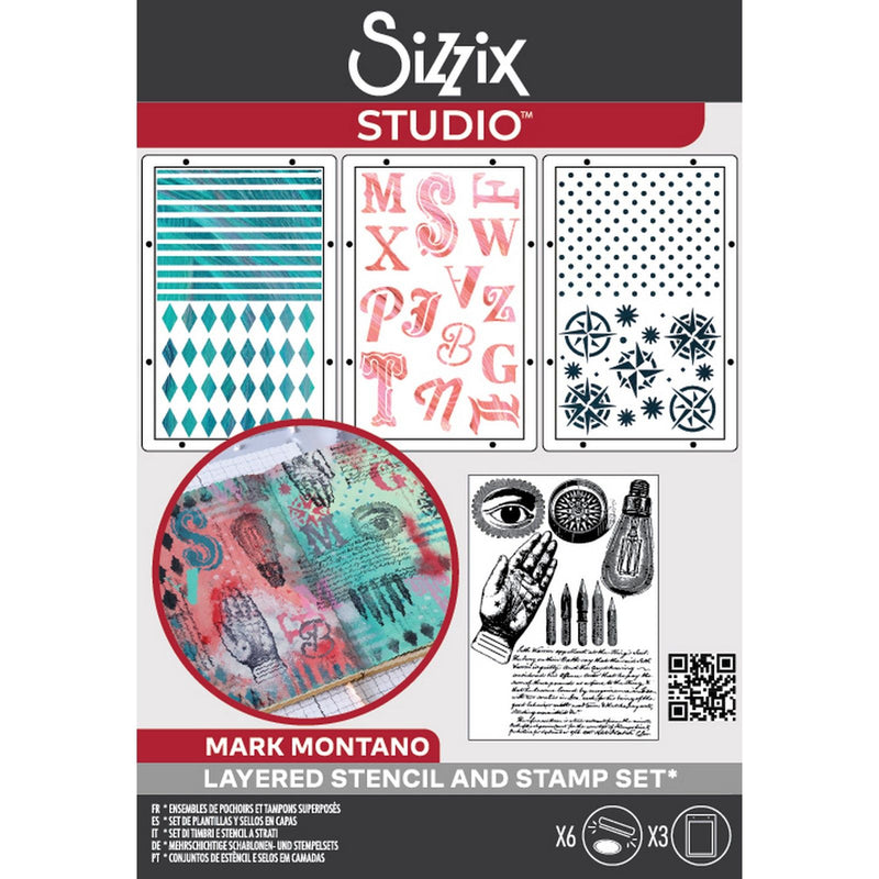 Load image into Gallery viewer, Sizzix • studio: a5 clear stamps 3pcs a5 stencils my favorite things by mark montano
