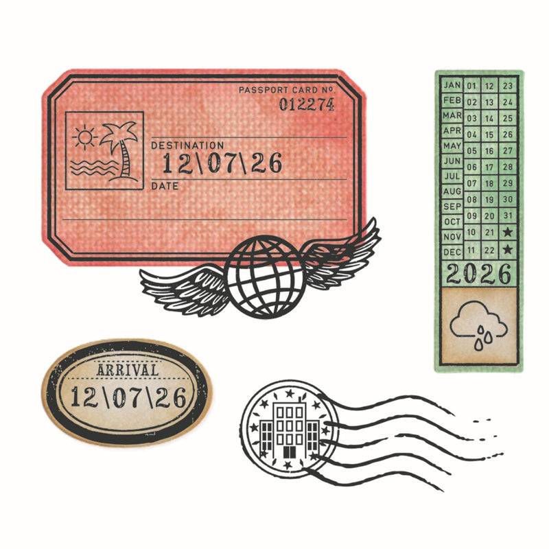 Load image into Gallery viewer, Sizzix • clear stamps set 62pcs 4pcs framelits globetrotter’s mark by 49 market
