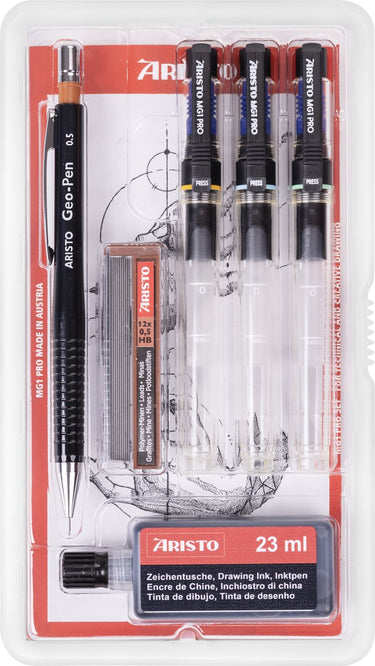 Aristo tekenpen - pro college - set 6-delig - lijnbreedte 0.25 0.50 0.70mm - fles 23ml inkt - tekenpotlood - potloodstiftjes - ar-64310
