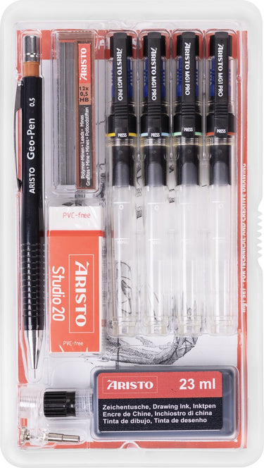 Aristo tekenpen - pro studio - set 9-delig - lijnbreedte 0.13 0.40 0.60 0.80mm - fles 23ml inkt - tekenpotlood - potloodstiftjes - gum - penadapter - ar-64159