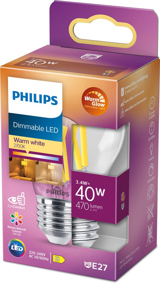 Philips led kogellamp transparant - 40 w - e27 - dimbaar warmwit licht