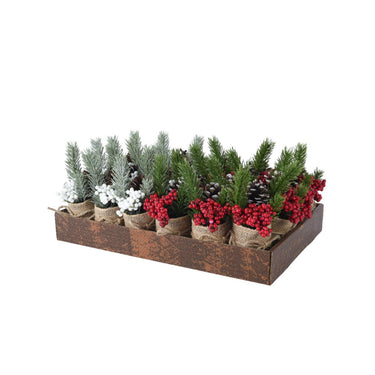 Decoris kunst kerststukje in jute pot met bessen wit rood ã˜5xh15cm 2 assorti