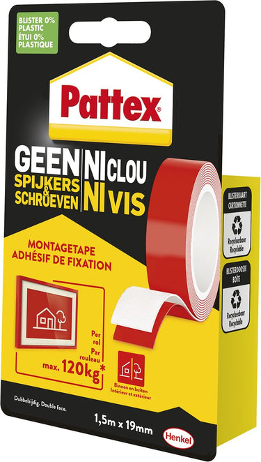Pattex geen spijkers schroeven 120kg | binnen buiten oplossingen montagetape | montagetape 1,5 m verpakking.