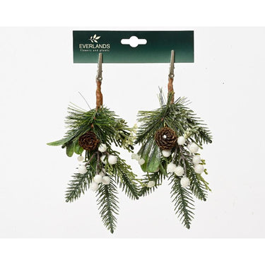Decoris kersttakje groen met witte decoratie met glitter finish - op clip 2 stuks- h22cm b8cm