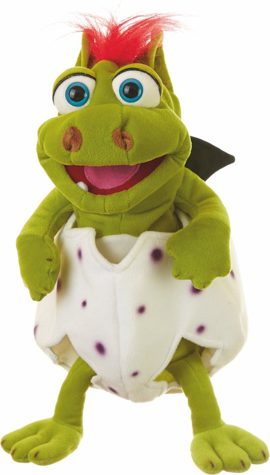 Living puppets kleine gregor in het ei | handpop draakje van 36 cm | klapmondprincipe | geschikt voor kinderen en volwassenen | handopening onderaan, pop bespeelbaar via het ei