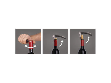 Vacu vin dubbele kurkentrekker zwart – kelnersmes – 3-in-1 kurkentrekker met foliemes en flesopener