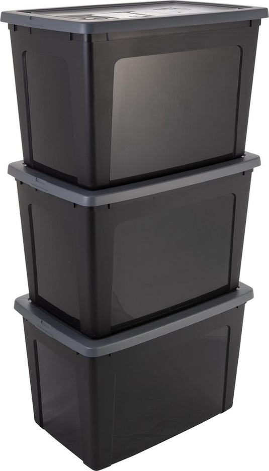 Iris clearbox opbergbox - 70l - kunststof - zwart grijs - set van 3