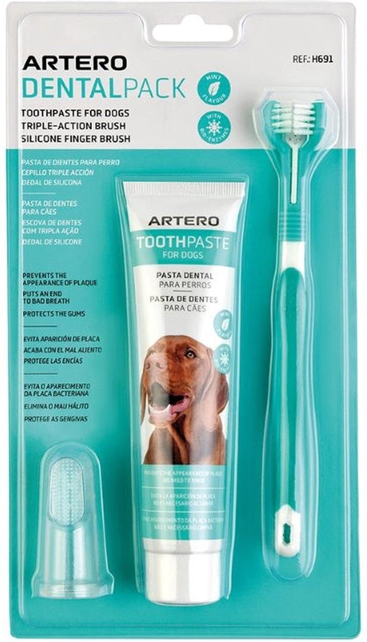 Artero dental pack - 3 delige tandreinigings set hond - met tandenborstel, tandpasta en siliconen vinger tandenborstel