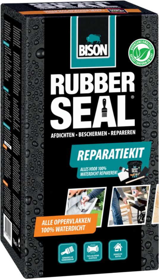 Bison rubber seal reparatiekit - reparatieset met coating op rubberbasis voor het afdichten, dakgoot repareren, waterdicht maken, beschermen en repareren, binnen en buiten, 750ml pot