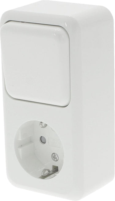 Q-link - wandcontactdoos - opbouw - 1-voudig stopcontact - 1-voudig wisselschakelaar - randaarde - kinderbeveiliging - polarwit