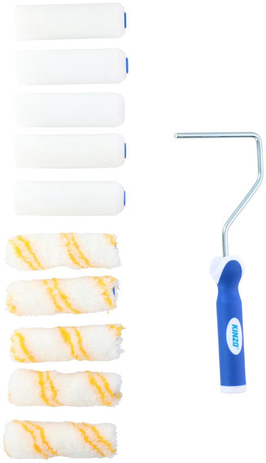 Kinzo verfrollerset 11-delig - verfroller set met 5 schuimrollers en 5 lakrollers - verfroller 11 cm met rollerbeugel - mini verfroller
