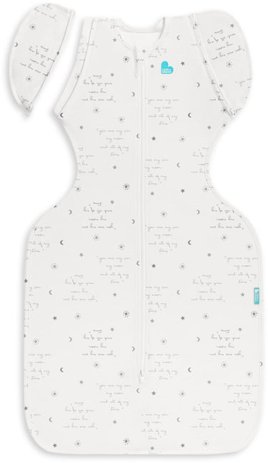 Love to dream ™ babyslaapzak swaddle up™ - inbakeren afbouwen - baby 6-9 maanden - 8.5-11 kg - zomer - 0.2 tog - wit met tekst