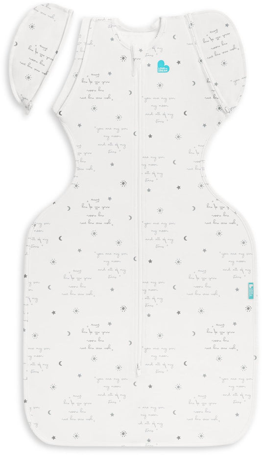 Love to dream ™ babyslaapzak swaddle up™ - inbakeren afbouwen - baby 4-6 maanden - 6-8.5 kg - zomer - wit met tekst