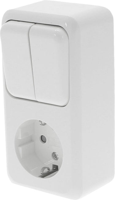 Q-link - wandcontactdoos - opbouw - 1-voudig stopcontact - 2-voudig serieschakelaar - randaarde - kinderbeveiliging - polarwit
